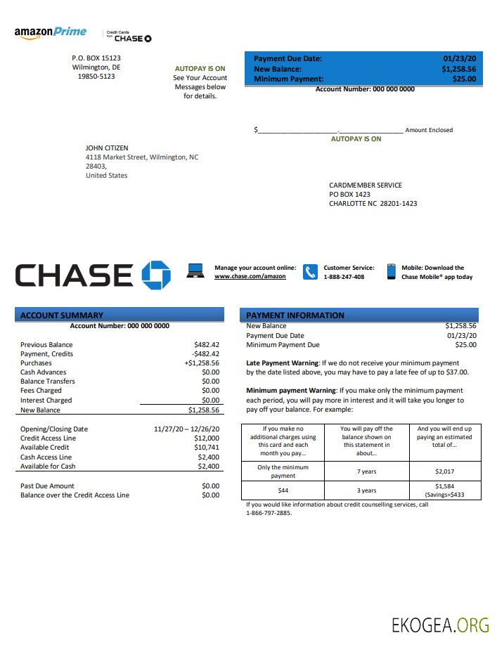 Modèle de relevé de carte de crédit bancaire USA Chase au format .doc et .pdf